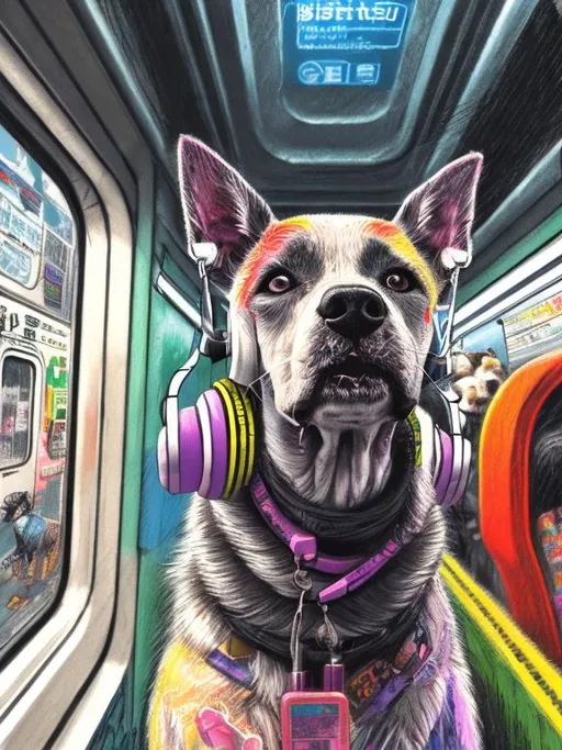 Prompt: pop art chalk pastel art of a detailed dog listening to music on the train in cyberpunk japan during a festival, sketch, detailed background, highres, fun atmosphere, natural lighting,  abstract, fun