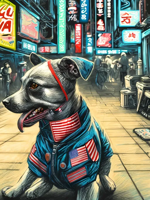 Prompt: pop art chalk pastel art of detailed dog wearing USA clothes playing in the streets in cyberpunk japan during a festival, sketch, detailed background, highres, fun atmosphere, natural lighting,  abstract, fun