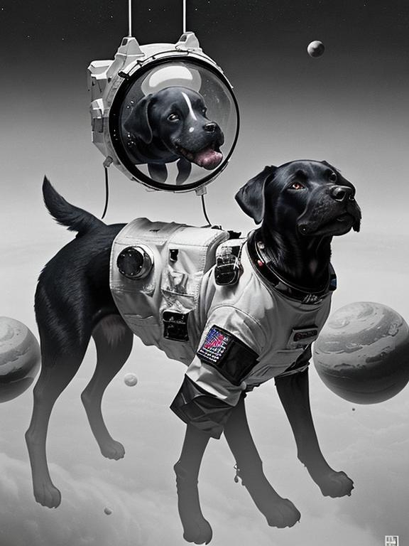 Prompt: Surrealism black dogs in astronaut outfits in space, abstract art style, eerie atmosphere, floating celestial bodies, mysterious nebulae, monochromatic palette, dreamlike, surreal, high contrast, otherworldly, abstract, space, astronaut, eerie atmosphere, celestial bodies, dreamlike, surreal, high contrast, mysterious, nebulae, dogs