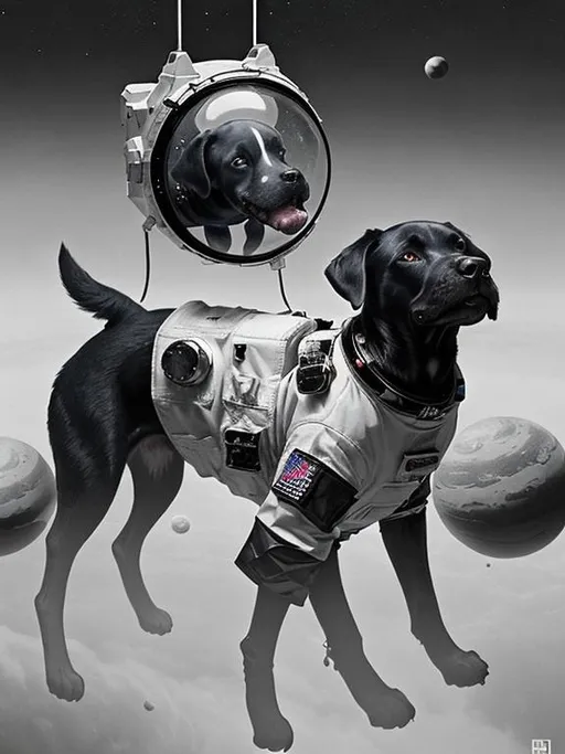 Prompt: Surrealism black dogs in astronaut outfits in space, abstract art style, eerie atmosphere, floating celestial bodies, mysterious nebulae, monochromatic palette, dreamlike, surreal, high contrast, otherworldly, abstract, space, astronaut, eerie atmosphere, celestial bodies, dreamlike, surreal, high contrast, mysterious, nebulae, dogs