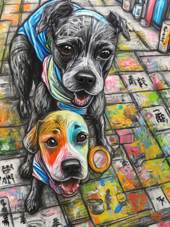 Prompt: pop art chalk pastel art of detailed dogs wearing clothes playing in the streets in japan during a festival, sketch, detailed background, highres, fun atmosphere, natural lighting,  abstract, fun