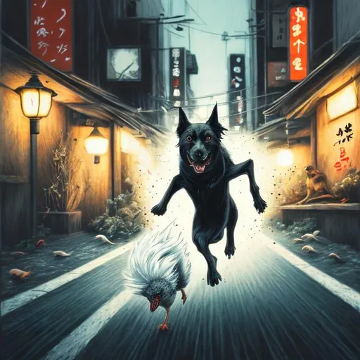 Prompt: chalk pastel art of a black dog wearing clothes chasing a chicken in the streets in japan, sketch, detailed background, highres, fun atmosphere, natural lighting, pastel colors, abstract, fun
