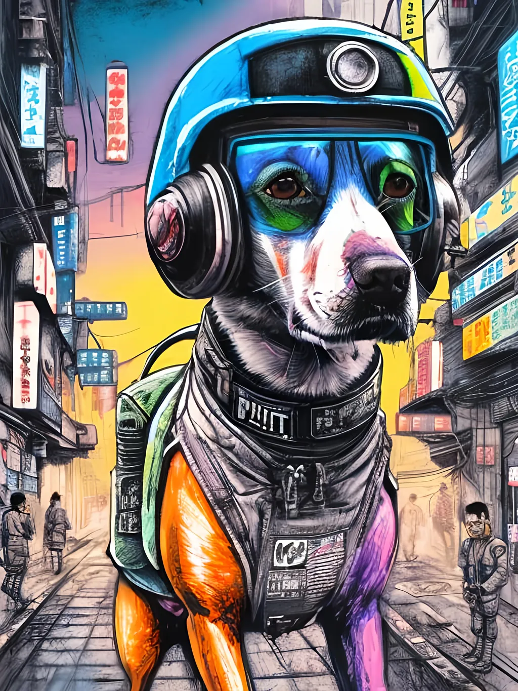 Prompt: pop art chalk pastel art of a detailed dog wearing a pilot uniform playing in the streets in cyberpunk japan during a festival, sketch, detailed background, highres, fun atmosphere, natural lighting,  abstract, fun