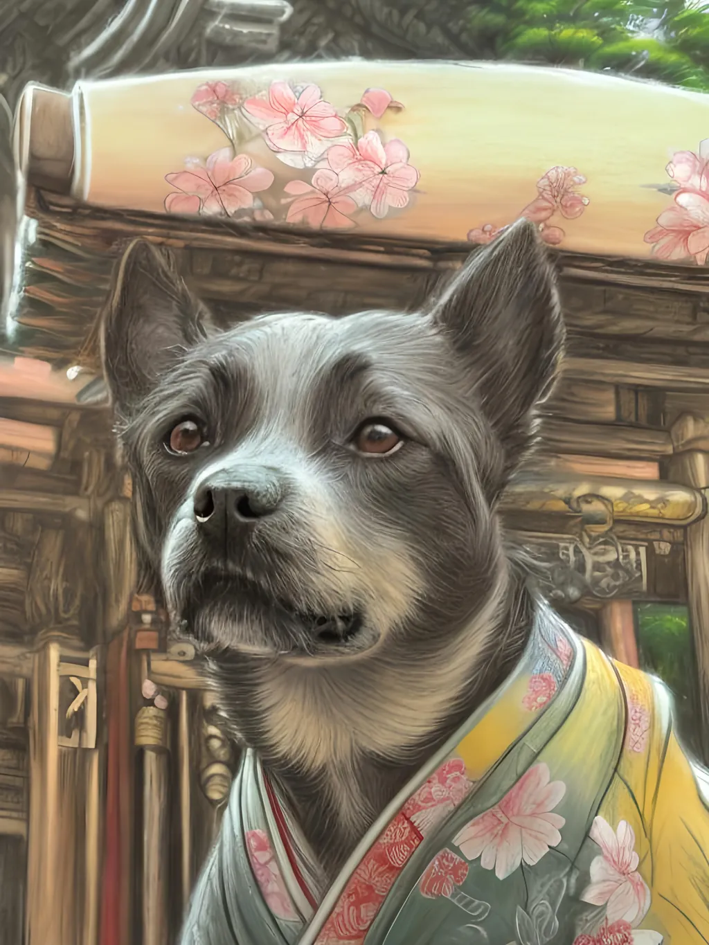 Prompt: chalk pastel style of a  detailed dog in a kimono at a shrine, sketch, detailed background, highres, fun atmosphere, natural lighting,  abstract, fun