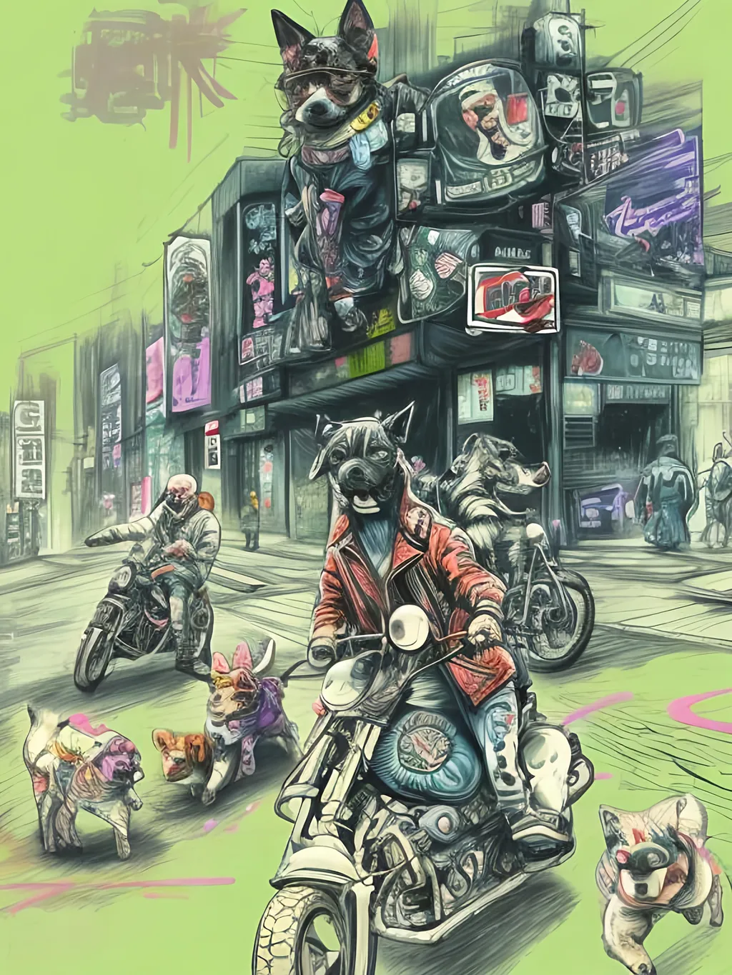 Prompt: pop art chalk pastel art of detailed dogs wearing biker gang clothes playing in the streets in cyberpunk japan during a festival, sketch, detailed background, highres, fun atmosphere, natural lighting,  abstract, fun