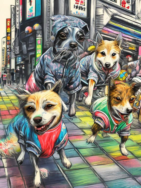 Prompt: pop art chalk pastel art of detailed dogs wearing clothes playing in the streets in japan during a festival, sketch, detailed background, highres, fun atmosphere, natural lighting,  abstract, fun