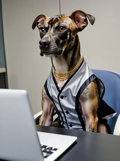 Prompt: all black mountain cur dog dressed as yakuza working on a laptop in an office hacking