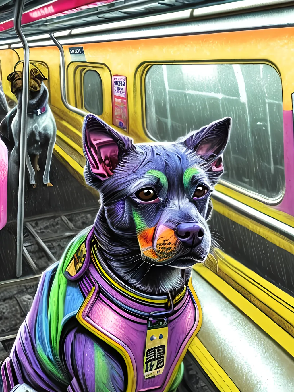 Prompt: pop art chalk pastel art of detailed dog on a train in cyberpunk japan during a festival, sketch, detailed background, highres, fun atmosphere, natural lighting,  abstract, fun