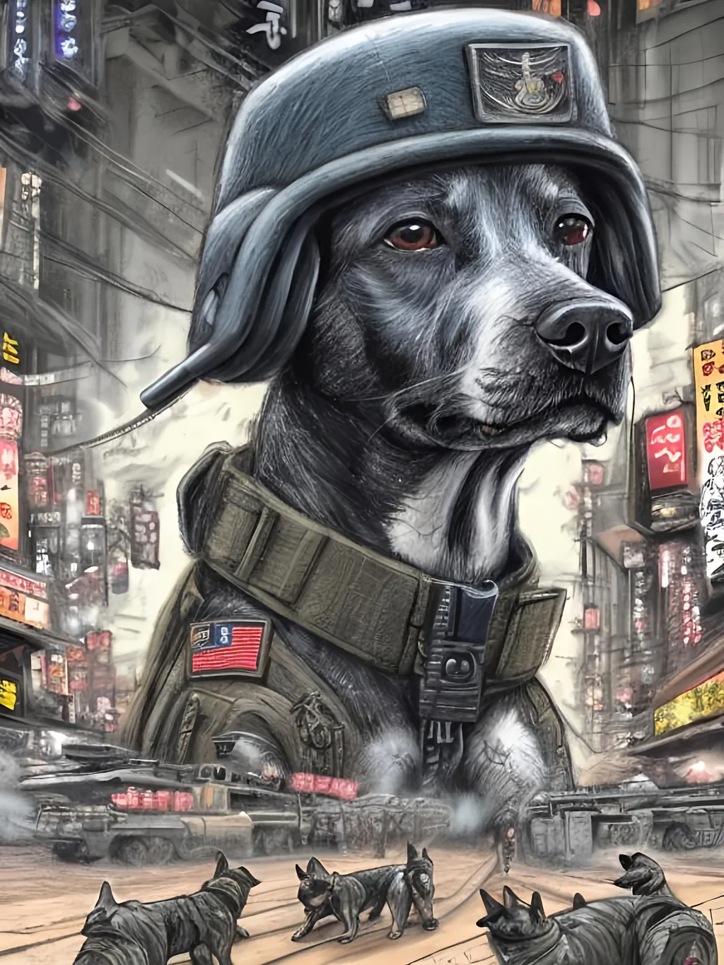 Prompt: chalk pastel art of a detailed dogs wearing military uniforms on the streets in cyberpunk japan during a festival with planes in the background, sketch, detailed background, highres, fun atmosphere, natural lighting,  abstract, fun