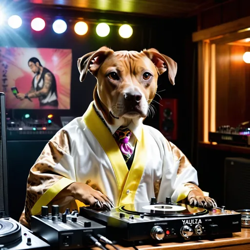 Prompt: black mountain cur dog dressed as yakuza DJing