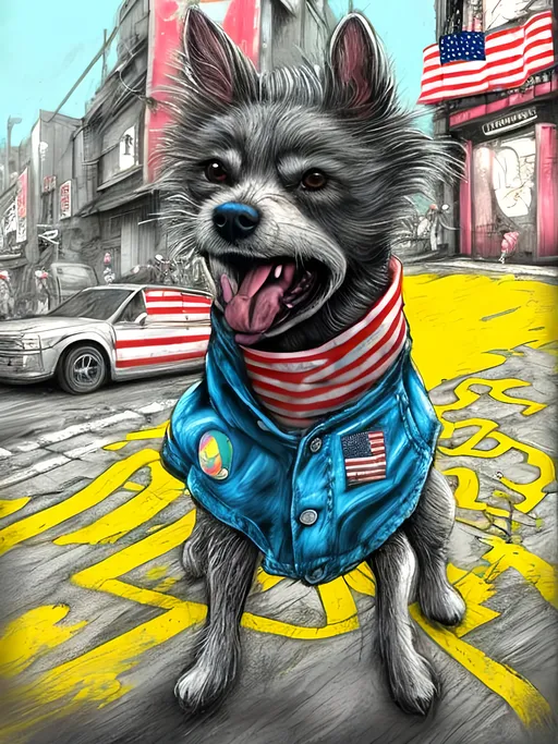 Prompt: pop art chalk pastel art of detailed dog wearing usa clothes playing in the streets in dystopian japan during a festival, sketch, detailed background, highres, fun atmosphere, natural lighting,  abstract, fun