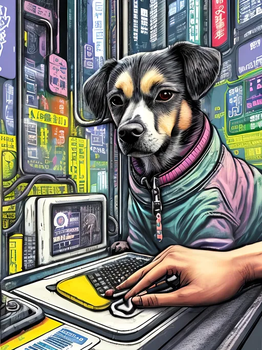 Prompt: pop art chalk pastel art of a detailed dog hacking a computer on the subway train in cyberpunk japan with planes in the background, sketch, detailed background, highres, fun atmosphere, natural lighting,  abstract, fun