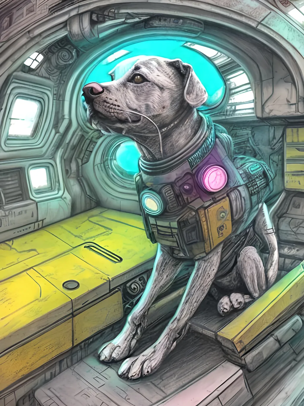 Prompt: chalk pastel style of a  detailed dog in a cyberpunk spaceship, sketch, detailed background, highres, fun atmosphere, natural lighting,  abstract, fun