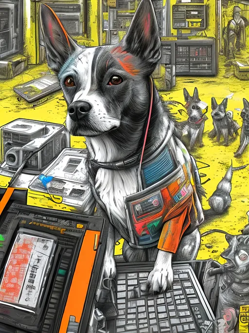 Prompt: pop art chalk pastel art of detailed dog hacking computers in post apocalyptic Japan, sketch, detailed background, highres, fun atmosphere, natural lighting,  abstract, fun