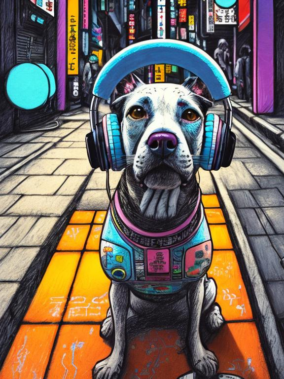 Prompt: pop art chalk pastel art of a detailed dog listening to music on the streets in cyberpunk japan during a festival, sketch, detailed background, highres, fun atmosphere, natural lighting,  abstract, fun