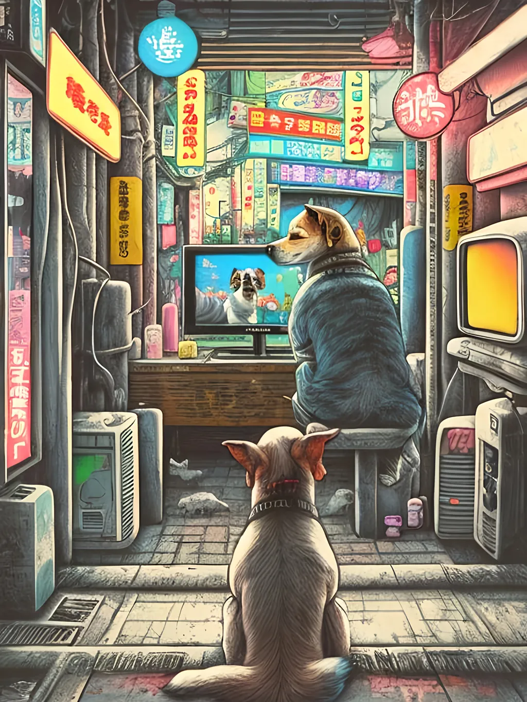 Prompt: pop art chalk pastel art of detailed dog watching tv in the streets in cyberpunk japan during a festival, sketch, detailed background, highres, fun atmosphere, natural lighting,  abstract, fun