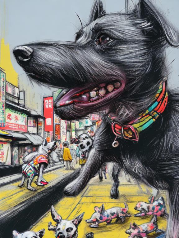 Prompt: pop art chalk pastel art of detailed dogs wearing clothes playing in the streets in japan during a festival, sketch, detailed background, highres, fun atmosphere, natural lighting,  abstract, fun