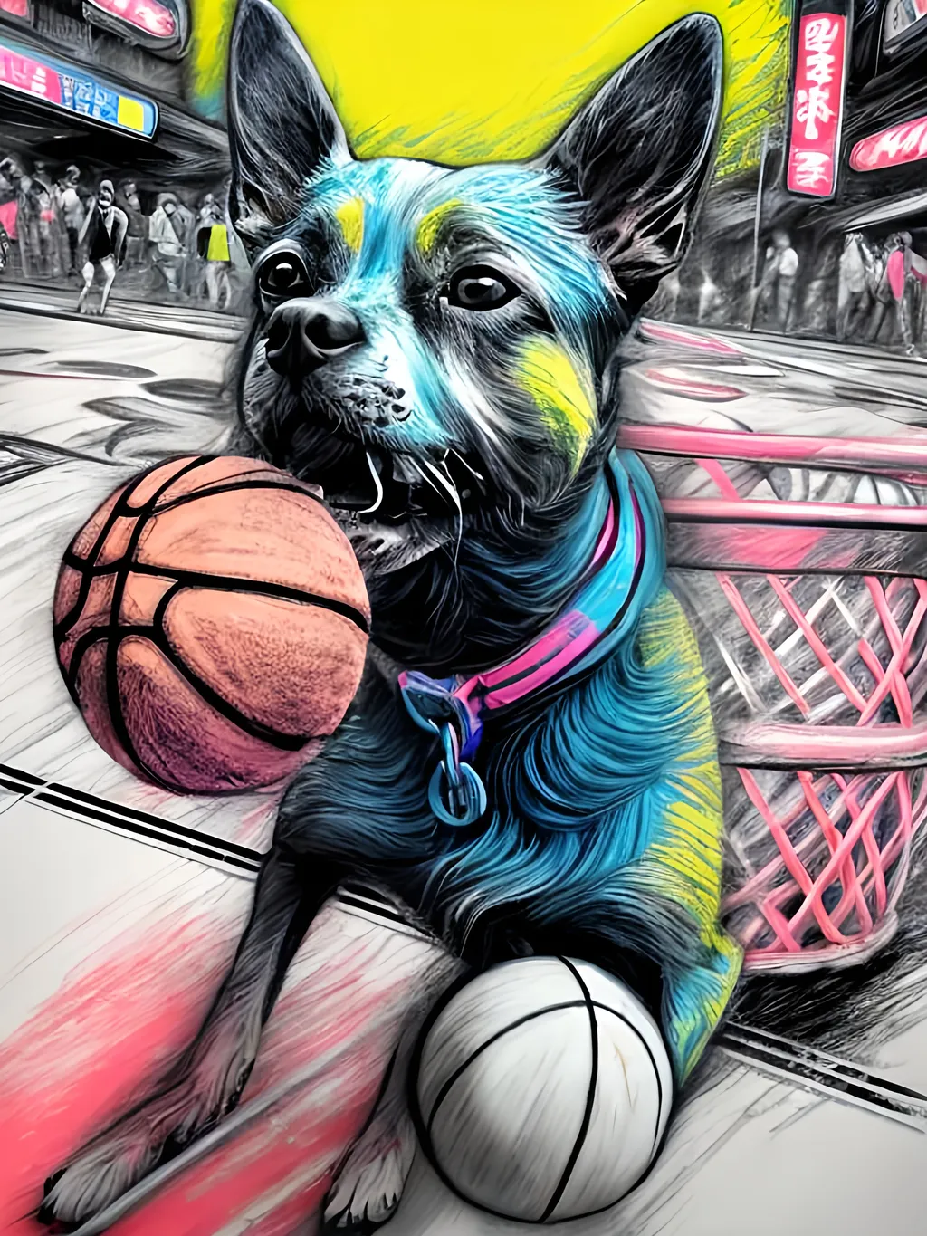 Prompt: pop art chalk pastel art of detailed dog at a basket ball game in cyberpunk japan, sketch, detailed background, highres, fun atmosphere, natural lighting,  abstract, fun