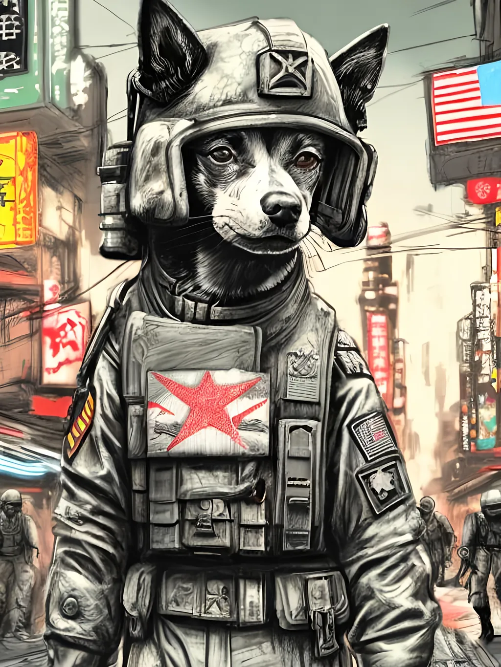 Prompt: pop art chalk pastel art of detailed dog wearing military uniforms<mymodel> playing in the streets in cyberpunk japan during a festival, sketch, detailed background, highres, fun atmosphere, natural lighting,  abstract, fun