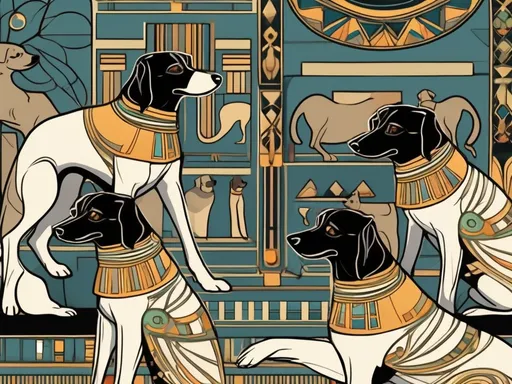 Prompt: Art Nouveau style black dogs in egyptian clothing