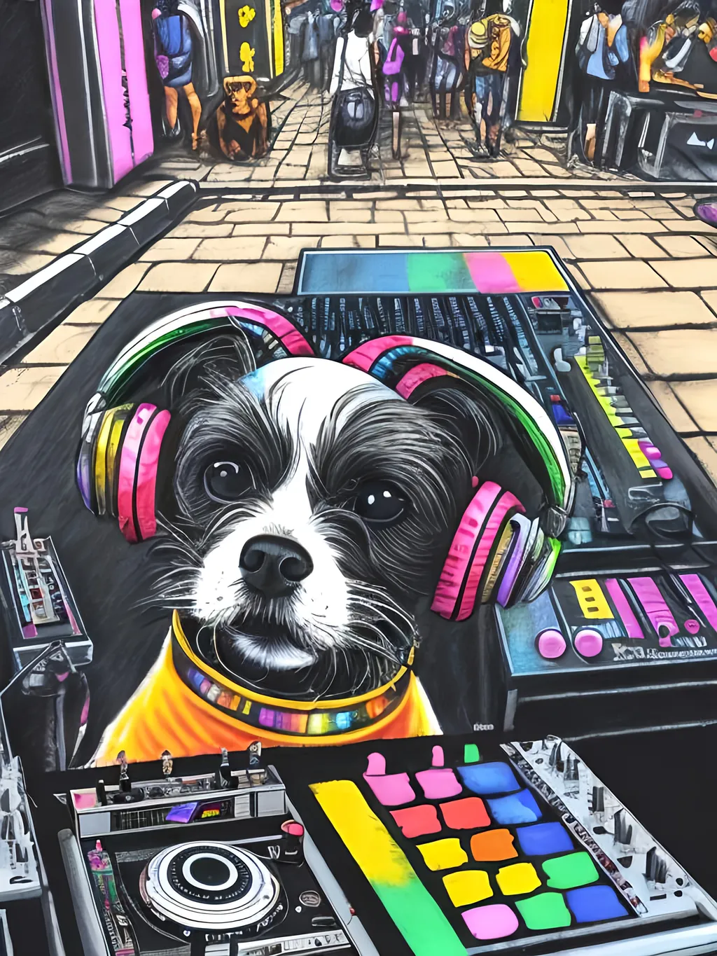 Prompt: pop art chalk pastel art of detailed dog DJing in the streets in Japan during a festival, sketch, detailed background, highres, fun atmosphere, natural lighting,  abstract, fun