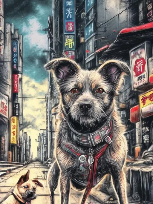 Prompt: pop art chalk pastel art of a detailed dog on the streets in post-apocalyptic Japan during a festival with planes in the background, sketch, detailed background, highres, fun atmosphere, natural lighting,  abstract, fun