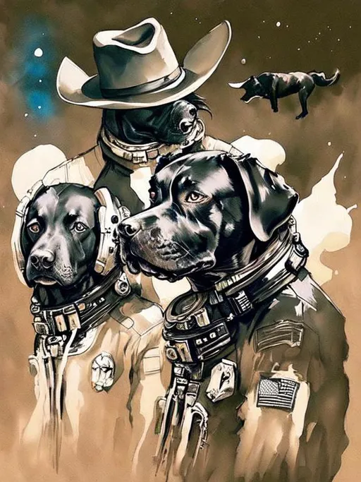 Prompt: Surrealism black dogs in cowboy outfits in space, abstract art style, cowboy hat, eerie atmosphere, floating celestial bodies, mysterious nebulae, dreamlike, surreal, high contrast, otherworldly, abstract, space, astronaut, eerie atmosphere, celestial bodies, dreamlike, surreal, high contrast, mysterious, nebulae, dogs