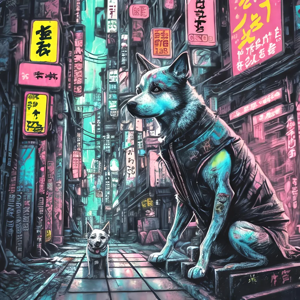 Prompt: pop art chalk pastel, a detailed grunge dog in the streets in cyberpunk japan, detailed background, natural lighting, highres, fun