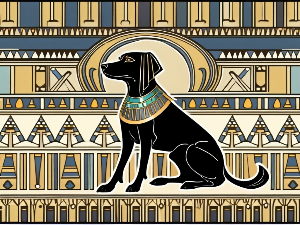 Prompt: black dog in egyptian clothing Art Nouveau style 