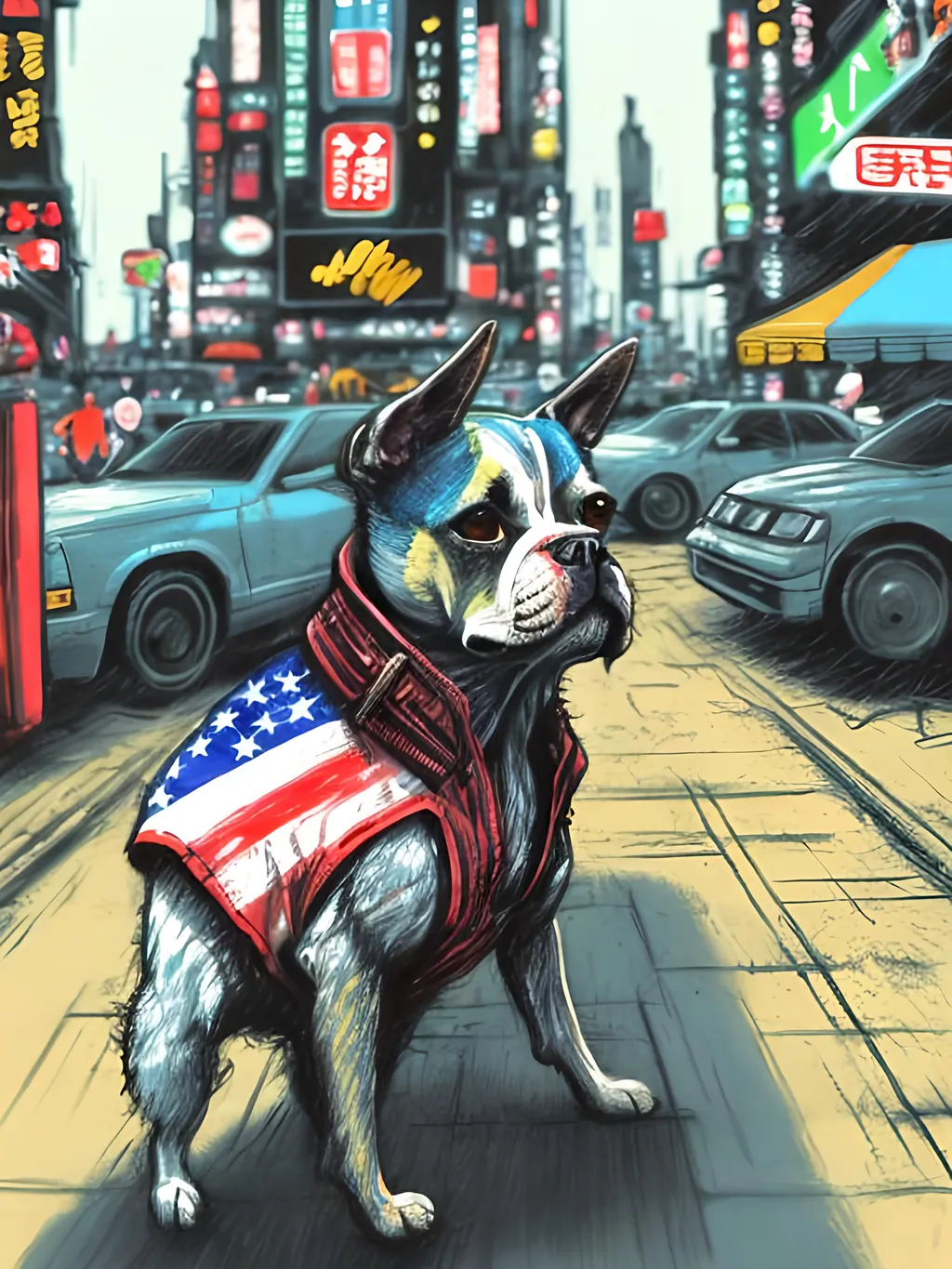 Prompt: pop art chalk pastel art of detailed dog wearing USA clothes playing in the streets in cyberpunk japan during a festival, sketch, detailed background, highres, fun atmosphere, natural lighting,  abstract, fun