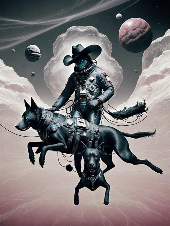 Prompt: Surrealism black dogs in cowboy outfits in space, abstract art style, cowboy hat, eerie atmosphere, floating celestial bodies, mysterious nebulae, dreamlike, surreal, high contrast, otherworldly, abstract, space, astronaut, eerie atmosphere, celestial bodies, dreamlike, surreal, high contrast, mysterious, nebulae, dogs