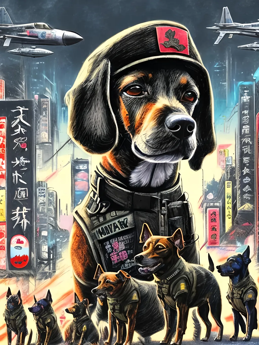 Prompt: pop art chalk pastel art of a detailed dogs wearing military uniforms on the streets in cyberpunk japan during a festival with planes in the background, sketch, detailed background, highres, fun atmosphere, natural lighting,  abstract, fun