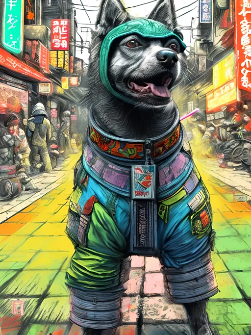 Prompt: pop art chalk pastel art of detailed dog wearing ninja clothes playing in the streets in cyberpunk japan during a festival, sketch, detailed background, highres, fun atmosphere, natural lighting,  abstract, fun