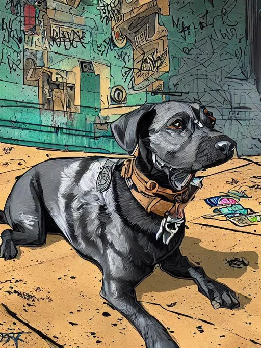 Prompt: mountain cur black dog in gangster clothing graffiti