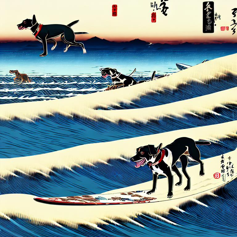 Prompt: black mountain cur dogs surfing in hiroshige wearing pro trump clothes