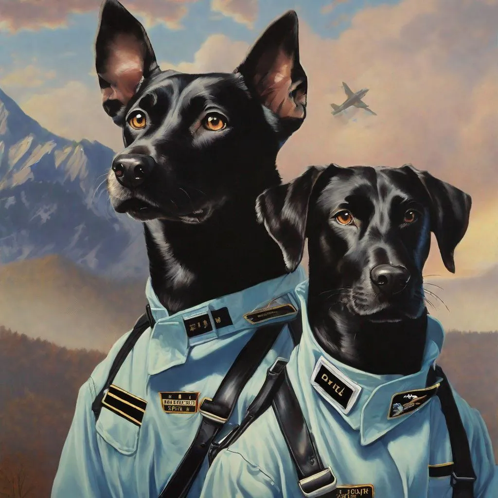 Prompt: mountain cur black dogs in pilots uniform 90s poster art