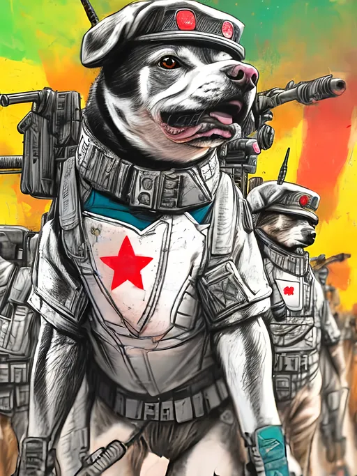 Prompt: pop art chalk pastel art of detailed dog wearing military uniforms<mymodel> playing in the streets in cyberpunk japan during a festival, sketch, detailed background, highres, fun atmosphere, natural lighting,  abstract, fun