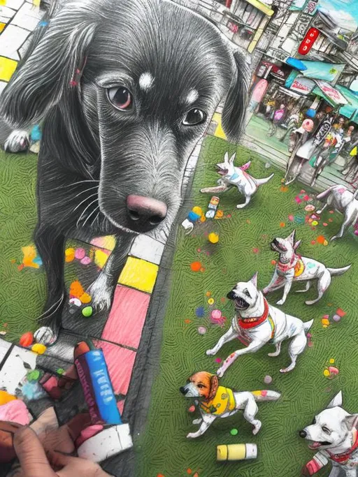 Prompt: pop art chalk pastel art of detailed dogs wearing clothes playing in the streets in japan during a festival, sketch, detailed background, highres, fun atmosphere, natural lighting,  abstract, fun