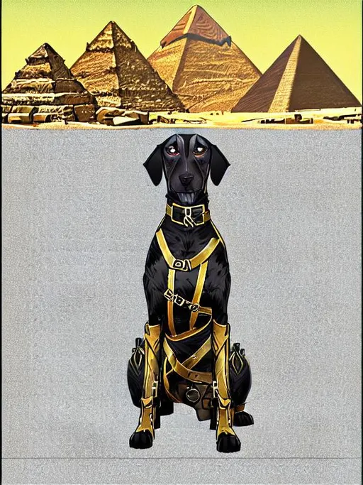 Prompt: black mountain cur dog in military gear in egypt 70s poster