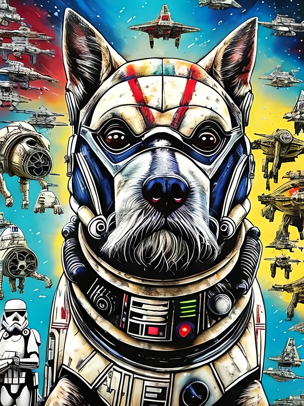 Prompt: pop art chalk pastel style art of detailed dog in star wars with pod racers, sketch, detailed background, highres, fun atmosphere, natural lighting,  abstract, fun