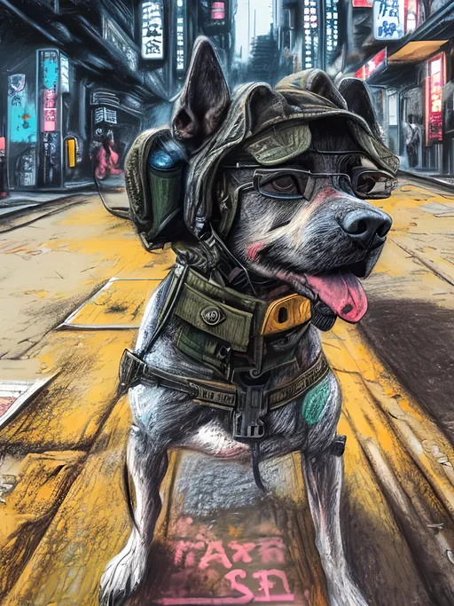 Prompt: chalk pastel art of a detailed dog military clothes on the streets in cyberpunk japan during a festival, sketch, detailed background, highres, fun atmosphere, natural lighting,  abstract, fun