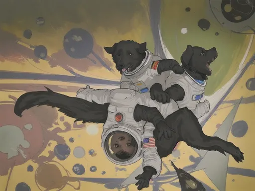 Prompt: abstract style art of black dogs in space in astronaut outfits