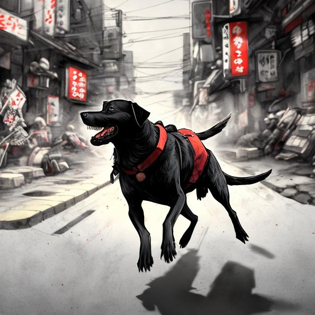 Prompt: sketch art of a black dog wearing soldier clothes chasing a chicken in the streets in japan, sketch, detailed background, highres, fun atmosphere, natural lighting, pastel colors, abstract, fun