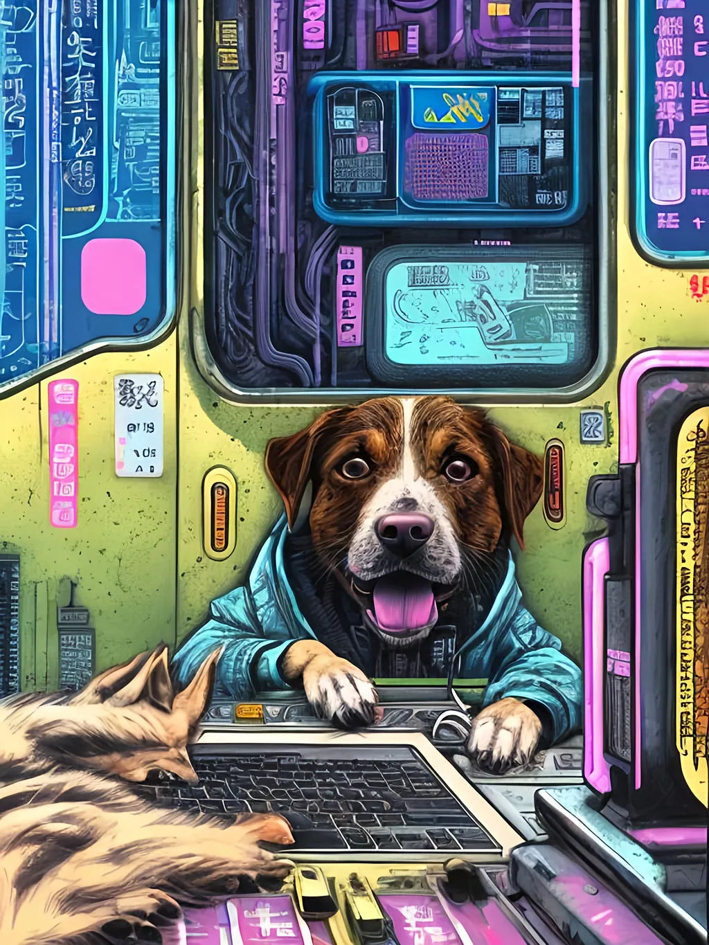 Prompt: pop art chalk pastel art of a detailed dog hacking a computer on the subway train in cyberpunk japan with planes in the background, sketch, detailed background, highres, fun atmosphere, natural lighting,  abstract, fun