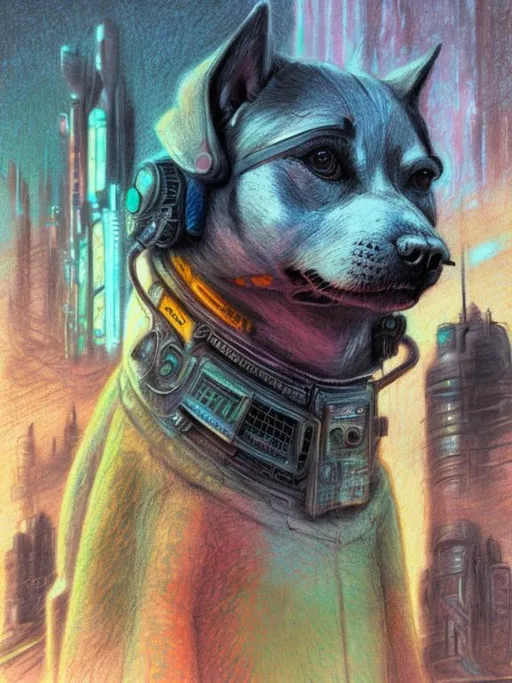 Prompt: Detailed chalk pastel sketch of a cyberpunk spaceship with a detailed dog, natural lighting, highres, abstract atmosphere, fun, detailed background, pastel style, detailed dog, cyberpunk spaceship, fun atmosphere, natural lighting, highres, abstract, sketch, colorful, detailed, vibrant, joyful