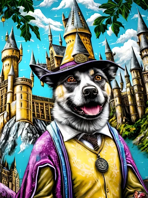 Prompt: pop art chalk pastel style art of detailed dog at hogwarts dressed in wizard robes, sketch, detailed background, highres, fun atmosphere, natural lighting,  abstract, fun