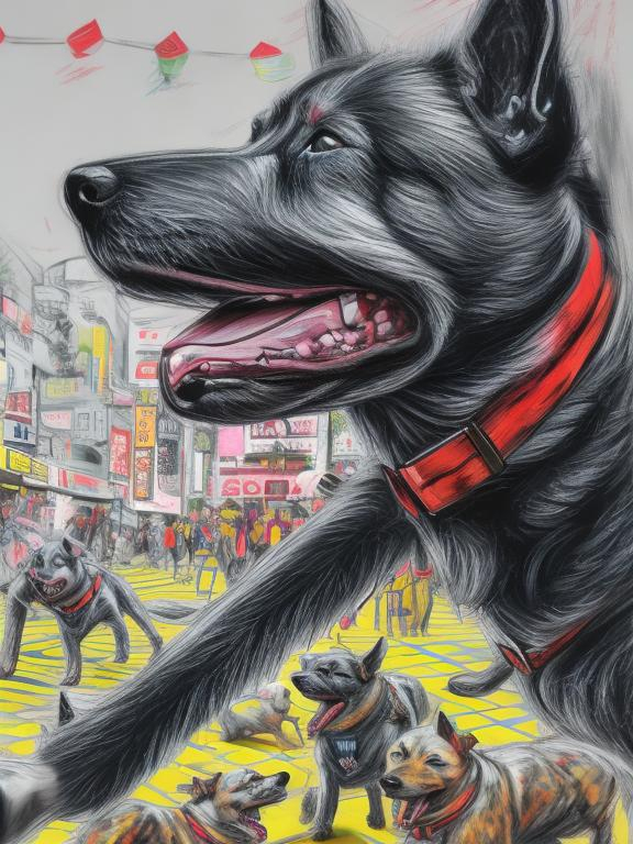 Prompt: pop art chalk pastel art of detailed dogs wearing nazi uniforms playing in the streets in japan during a festival, sketch, detailed background, highres, fun atmosphere, natural lighting,  abstract, fun