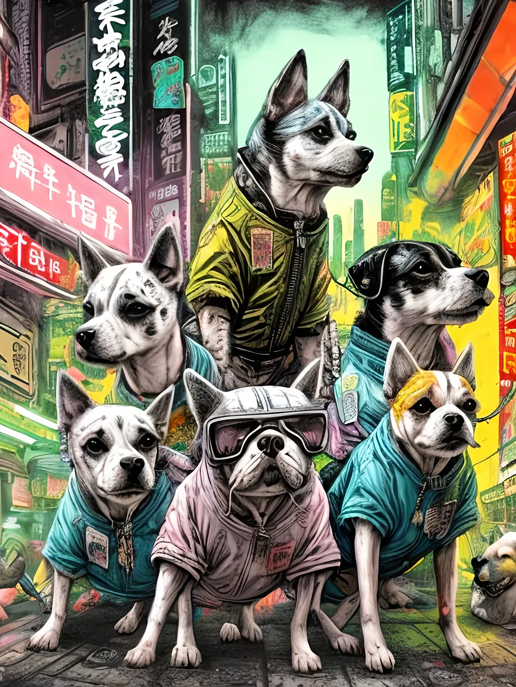 Prompt: pop art chalk pastel art of detailed dogs wearing gangster clothes playing in the streets in cyberpunk japan during a festival, sketch, detailed background, highres, fun atmosphere, natural lighting,  abstract, fun