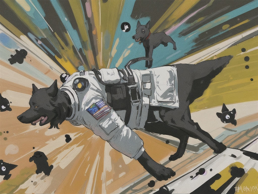 Prompt: abstract style art of black dogs in space in astronaut outfits