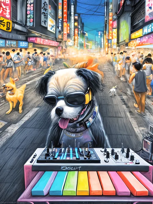 Prompt: chalk pastel art of detailed dog DJing in the streets in Japan during a festival, sketch, detailed background, highres, fun atmosphere, natural lighting,  abstract, fun